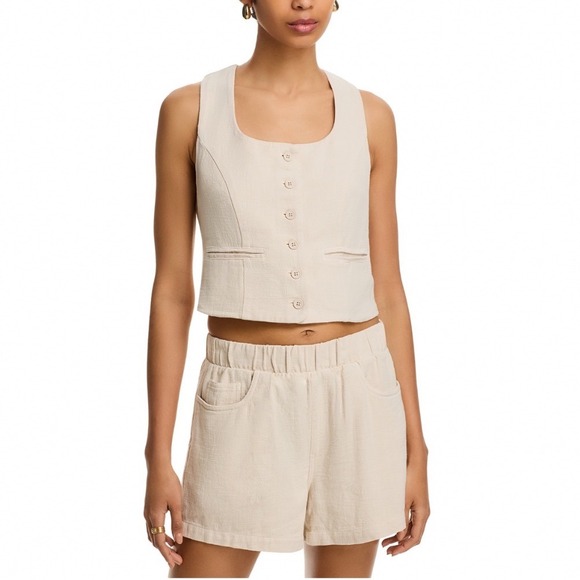 Blank NYC Jackets & Blazers - BLANKNYC Button Front Vest Oyster Bar Beige Linen Blend Cropped Scoop Neck Small
